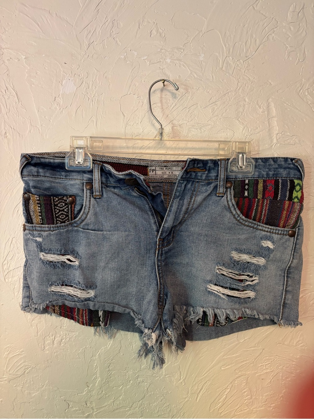 Free People Light Blue Distressed Denim Shorts with Colorful Tribal Insets